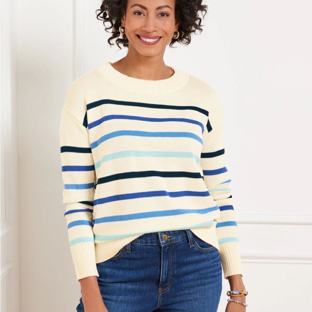 Talbots 100% Pima Cotton Striped Crewneck Sweater | Blue & White Nautical- SZ S